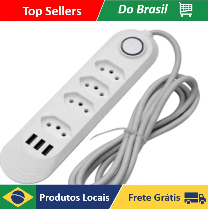Extensão Elétrica 2m Com 3/4 Tomadas e 3 Entradas USB com Botão ENVIO RAPIDO PARA TODO O BRASIL