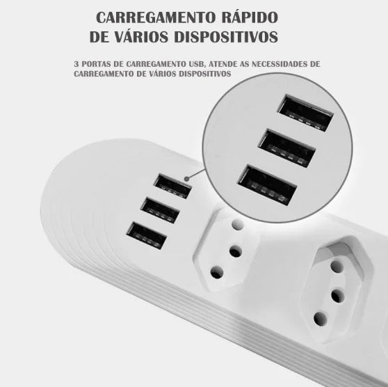 Extensão Elétrica 2m Com 3/4 Tomadas e 3 Entradas USB com Botão ENVIO RAPIDO PARA TODO O BRASIL