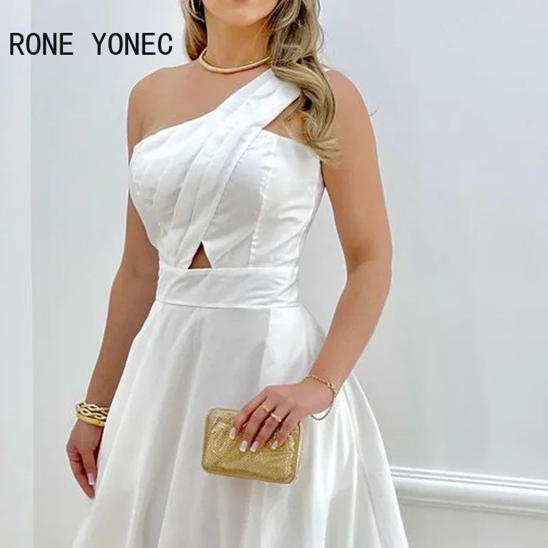 Vestidos femininos elegantes, lisos, de um ombro, com babados, bainha vazada, zíper, sexy, maxi branco