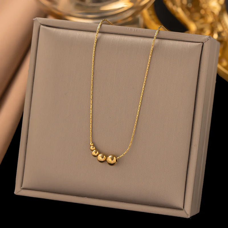Colar com pingente de contas redondas de aço inoxidável para mulheres e meninas, cor dourada, clássico, simples, corrente de clavícula, festa de casamento, joia, presente