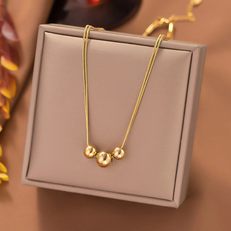 Colar com pingente de contas redondas de aço inoxidável para mulheres e meninas, cor dourada, clássico, simples, corrente de clavícula, festa de casamento, joia, presente
