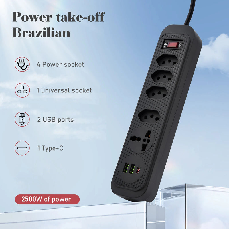 Tomada de extensão, extensão de energia, tomada USB, filtro de linha de tomada, tomadas elétricas Regua, extensão elétrica, 110-220 V, 10 A