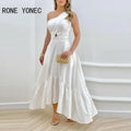 Vestidos femininos elegantes, lisos, de um ombro, com babados, bainha vazada, zíper, sexy, maxi branco