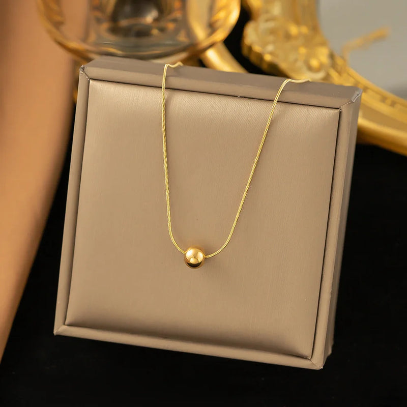 Colar com pingente de contas redondas de aço inoxidável para mulheres e meninas, cor dourada, clássico, simples, corrente de clavícula, festa de casamento, joia, presente