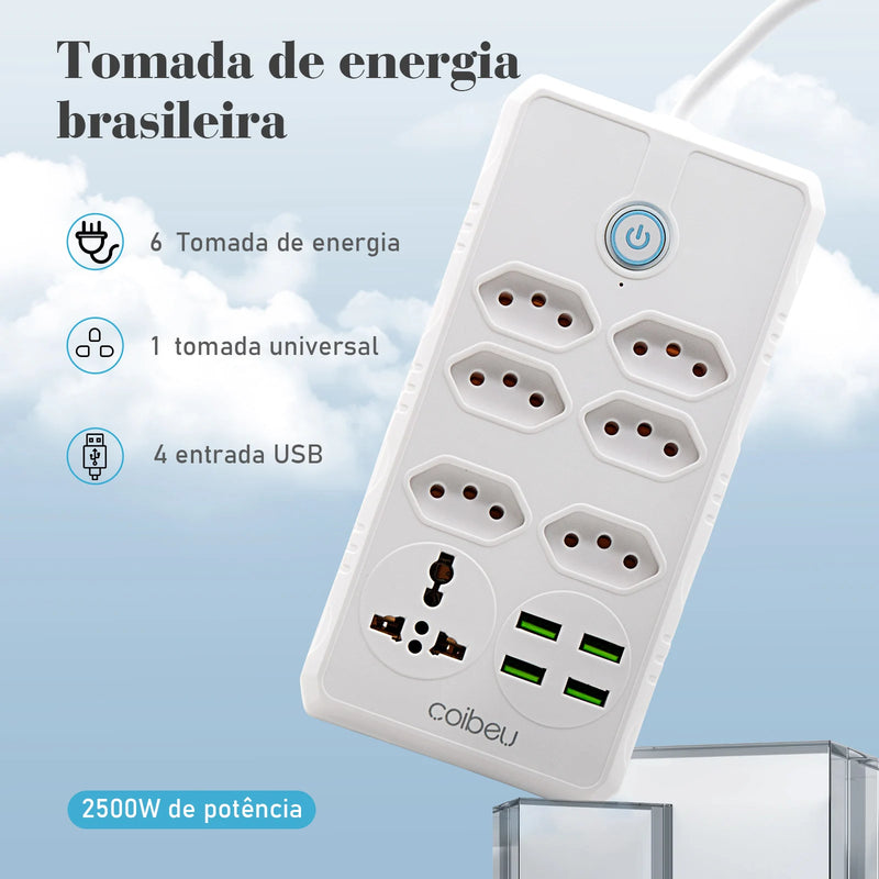 Tomada de extensão, extensão de energia, tomada USB, filtro de linha de tomada, tomadas elétricas Regua, extensão elétrica, 110-220 V, 10 A