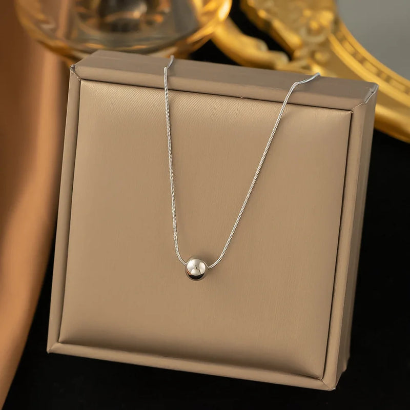 Colar com pingente de contas redondas de aço inoxidável para mulheres e meninas, cor dourada, clássico, simples, corrente de clavícula, festa de casamento, joia, presente