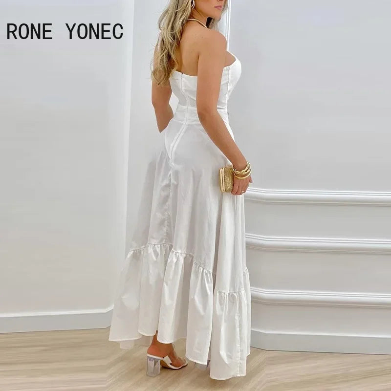 Vestidos femininos elegantes, lisos, de um ombro, com babados, bainha vazada, zíper, sexy, maxi branco